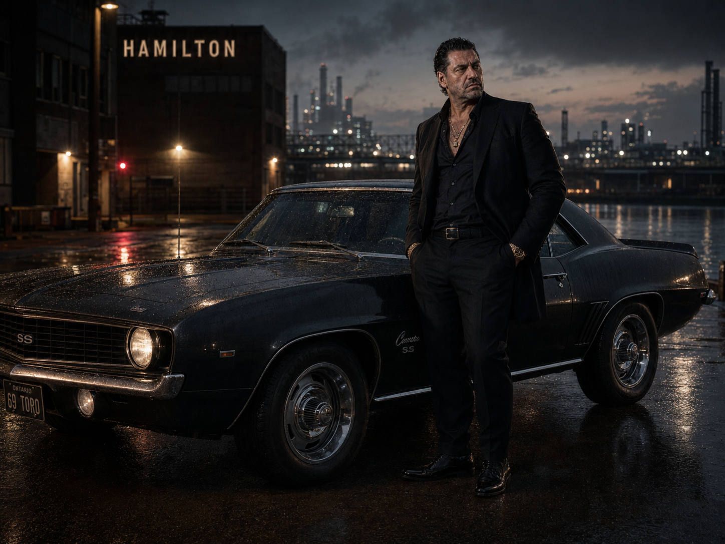Antonio Tony Iavarone with 1969 Camaro near industrial waterfront