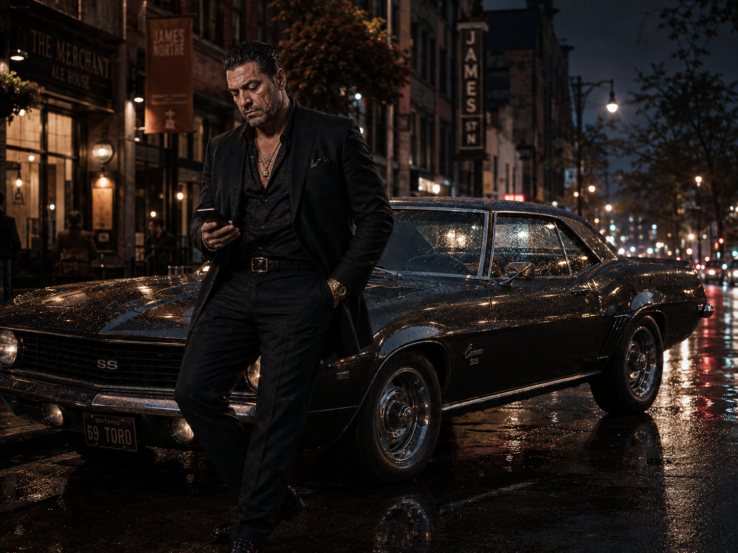 Antonio Tony Iavarone leaning on 1969 Camaro in Hamilton after mafia investigation