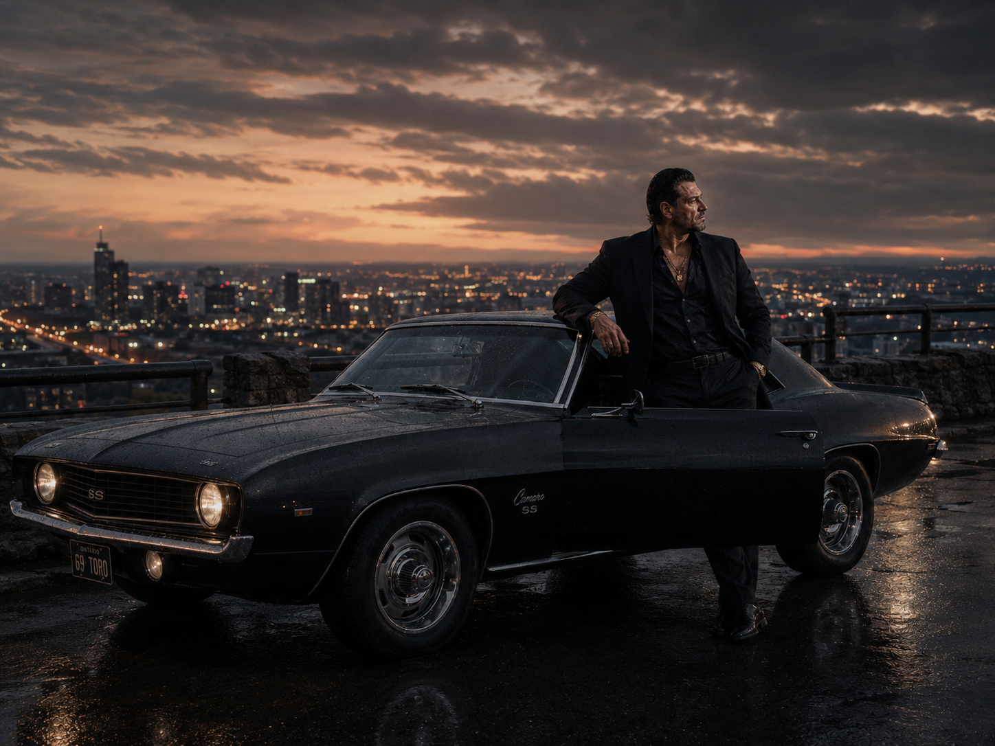 Antonio Tony Iavarone near Hamilton industrial waterfront with 1969 Camaro