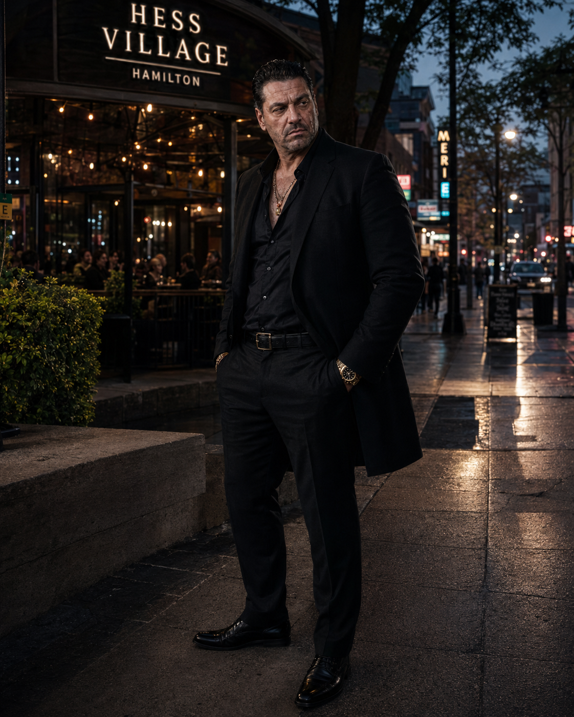 Antonio Tony Iavarone mafia crime TV character standing in Hess Village Hamilton at night
