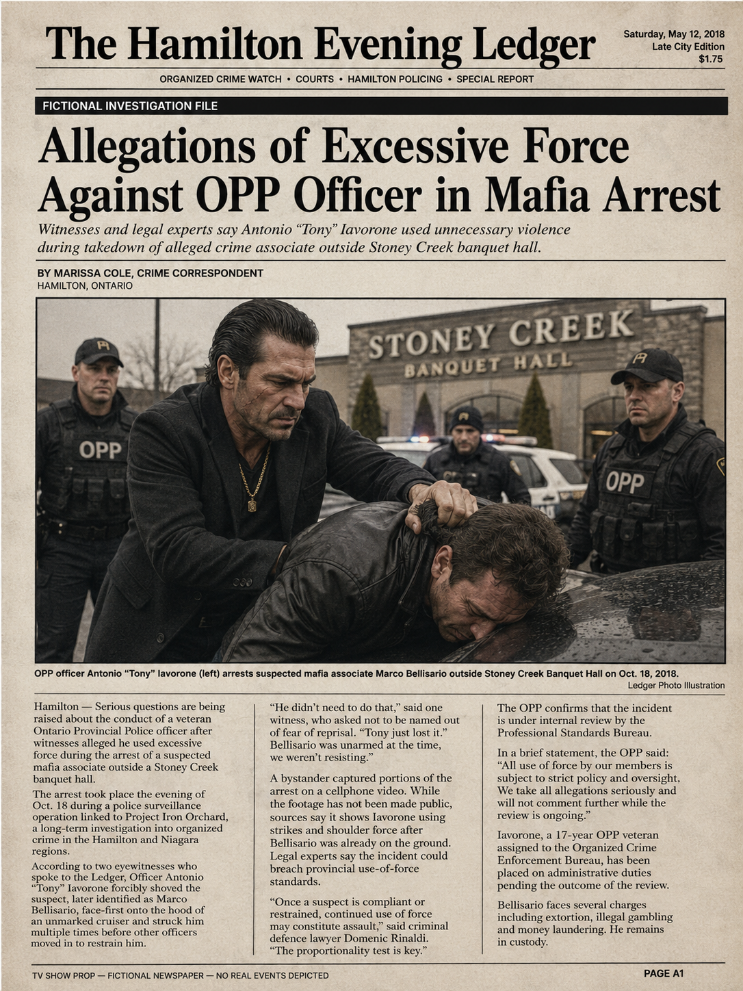 Hamilton Evening Ledger fictional newspaper prop for Antonio Tony Iavarone
