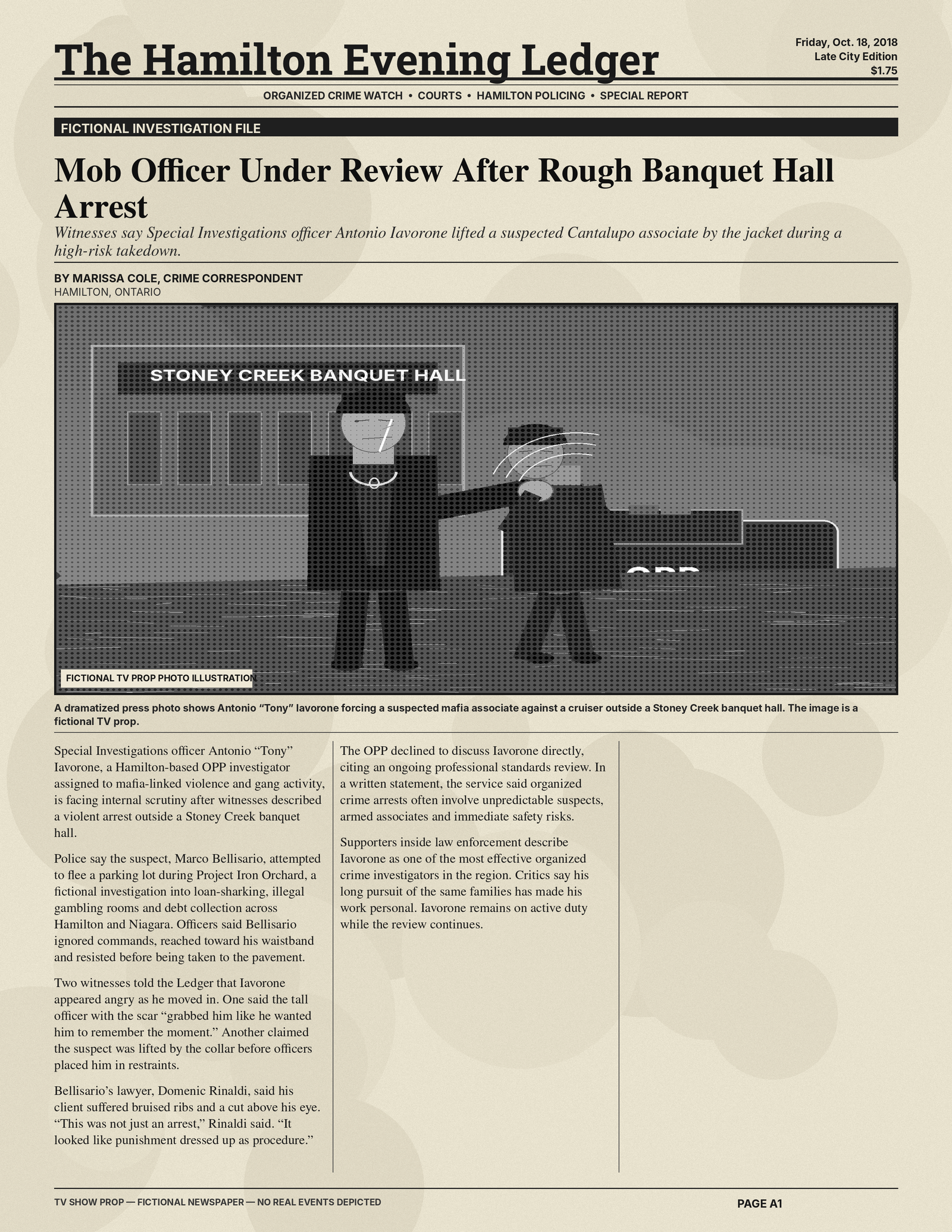 Fictional newspaper prop for Antonio Tony Iavarone mafia arrest and crime controversy