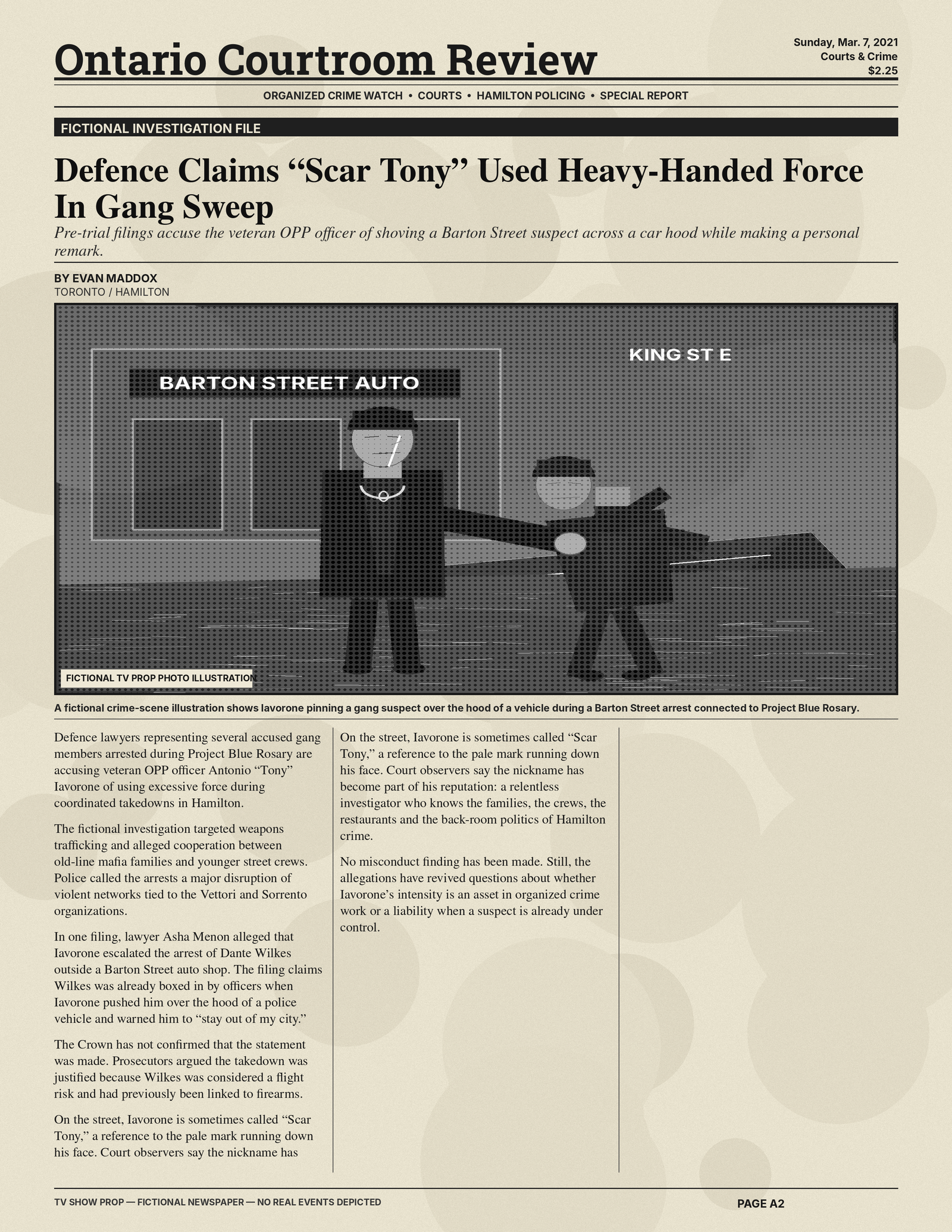 Fictional newspaper prop about Antonio Tony Iavarone mobster crime arrest controversy