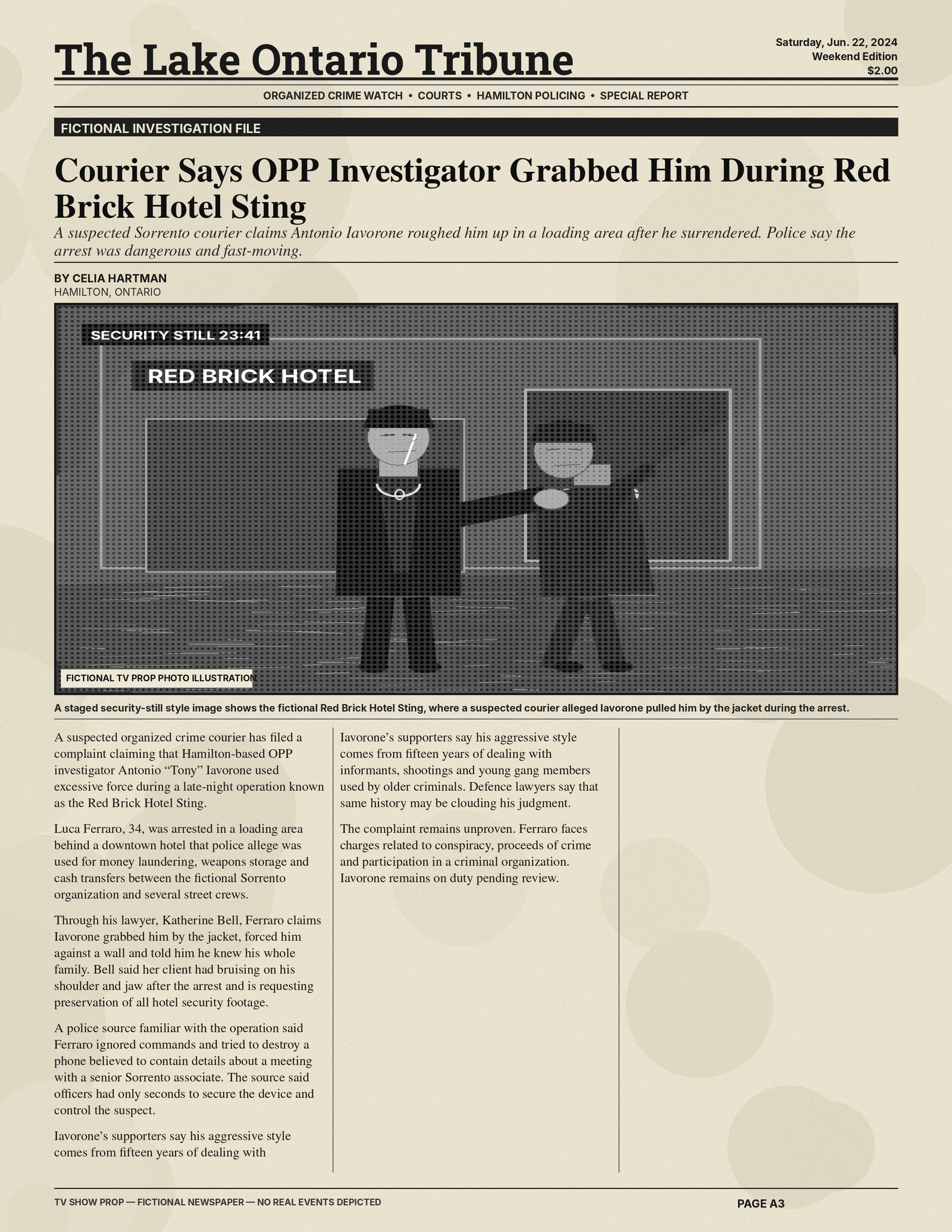 Fictional newspaper article prop for Antonio Tony Iavarone crime storyline